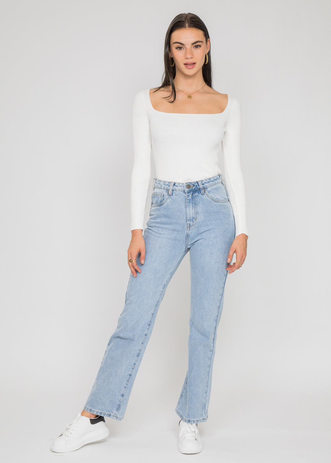 Ribbed square neck top in white