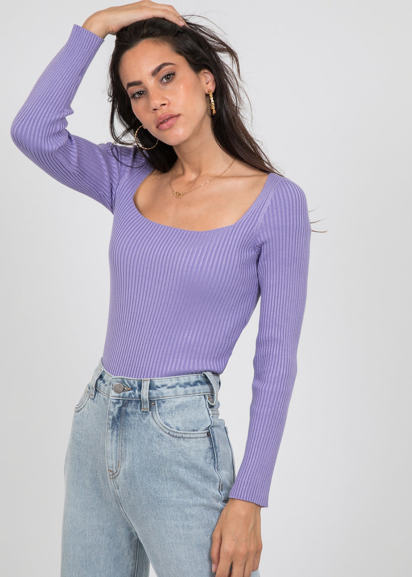 Ribbed square neck top in purple