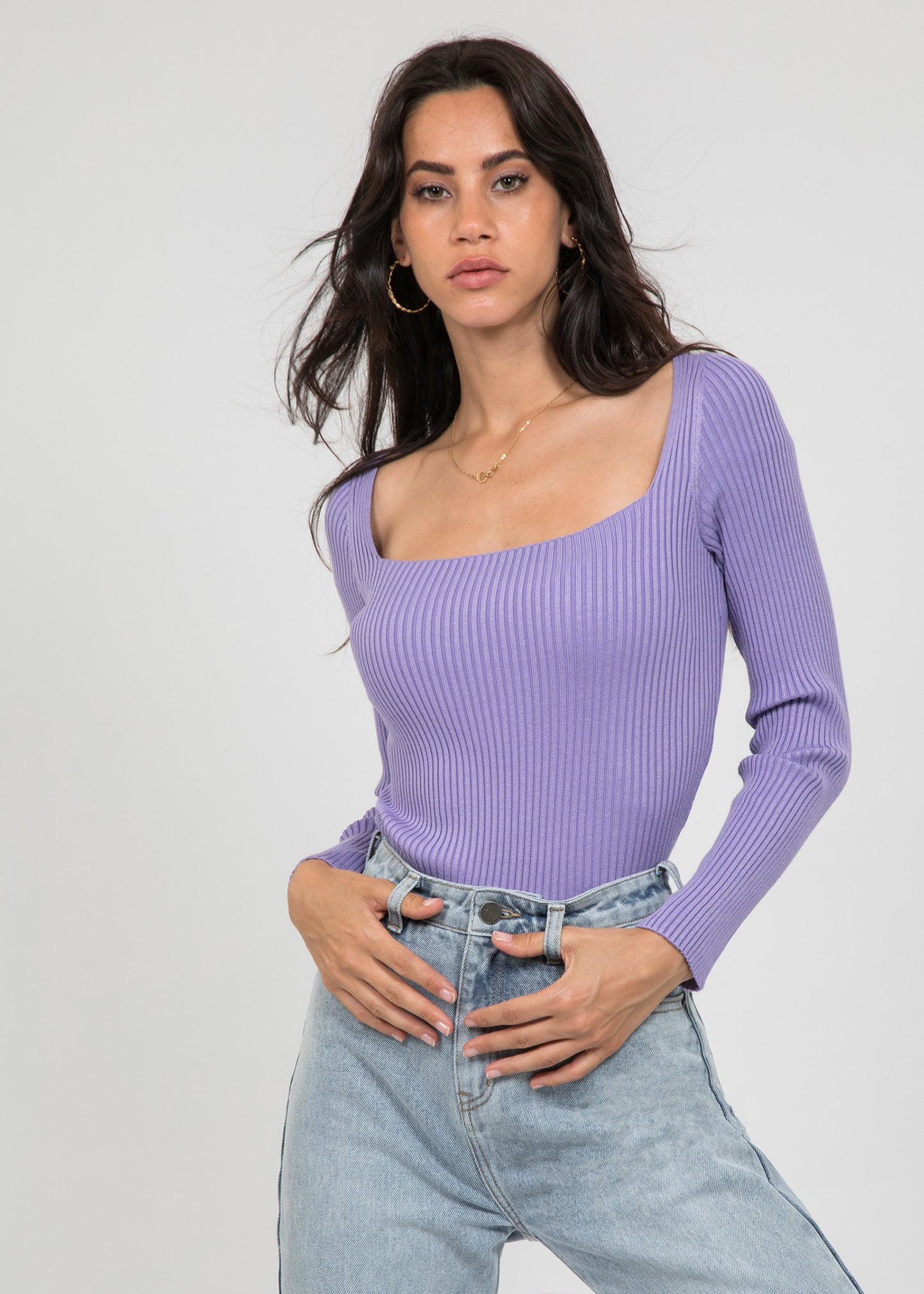 Ribbed square neck top in purple