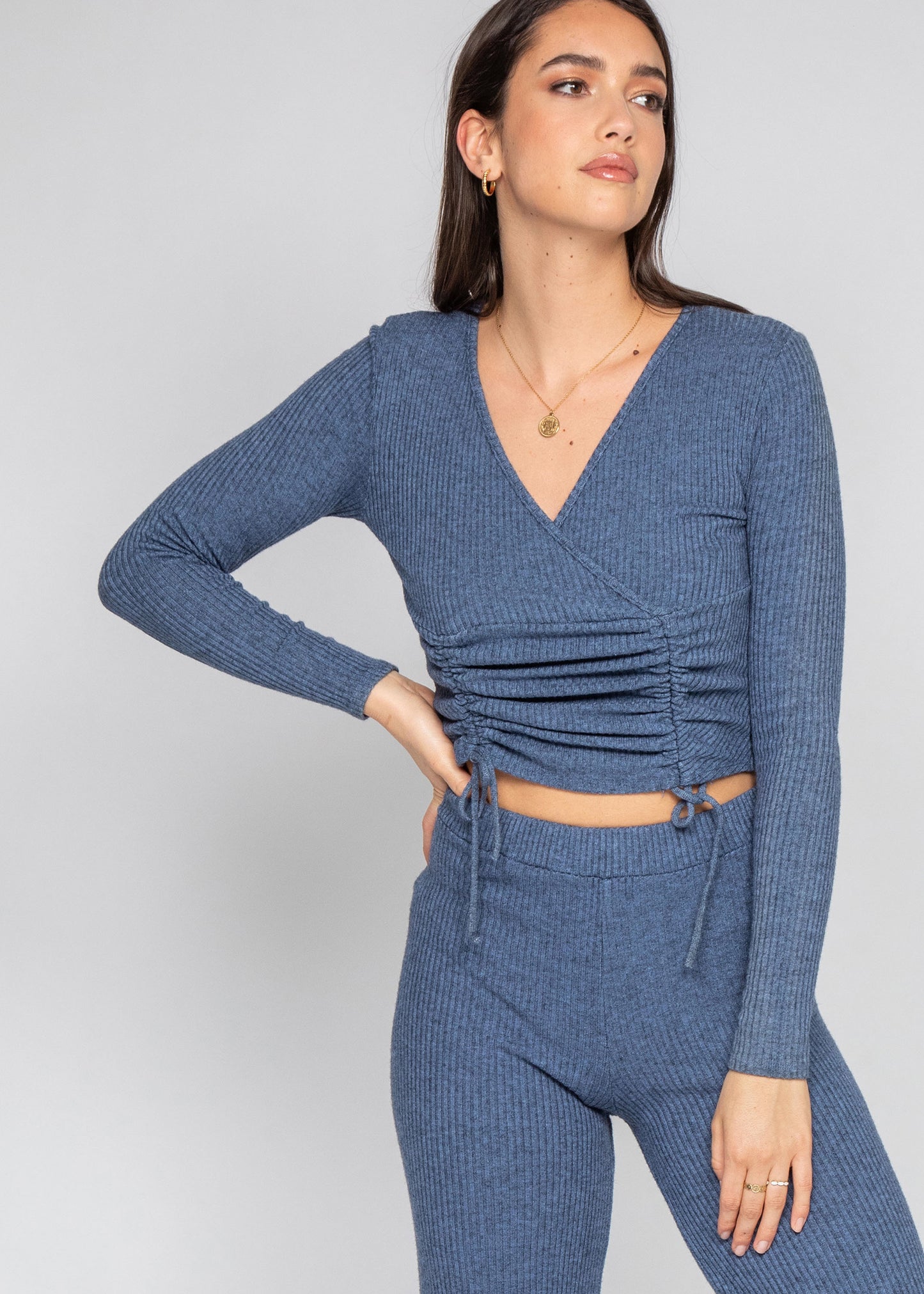 Wrap top with ruched front in blue