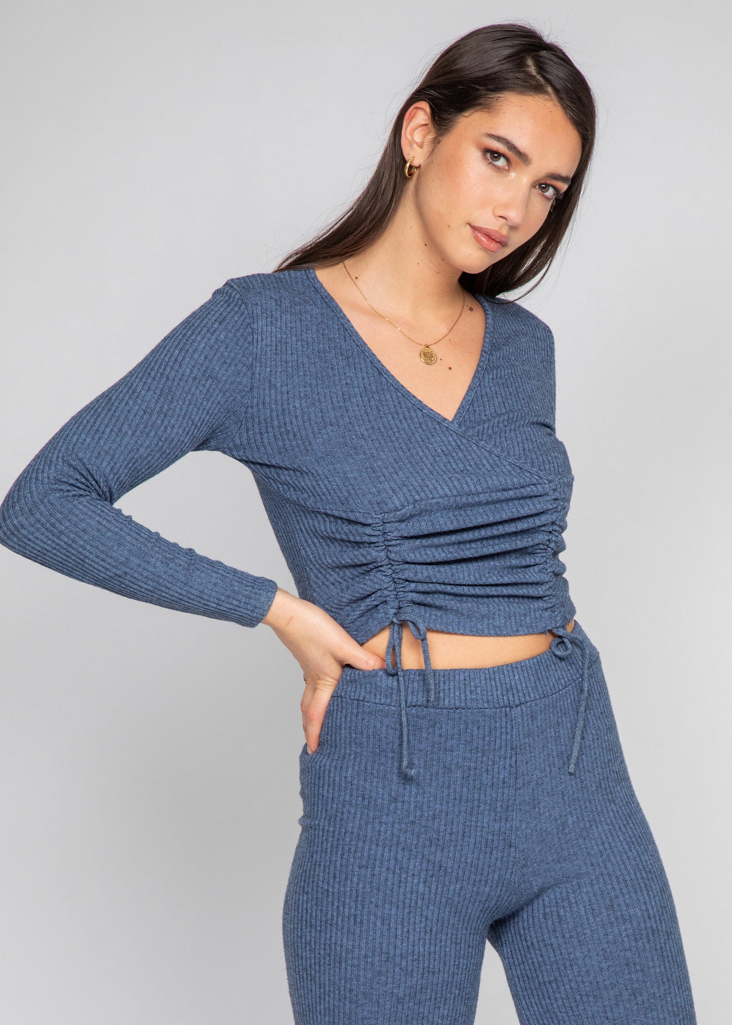 Wrap top with ruched front in blue