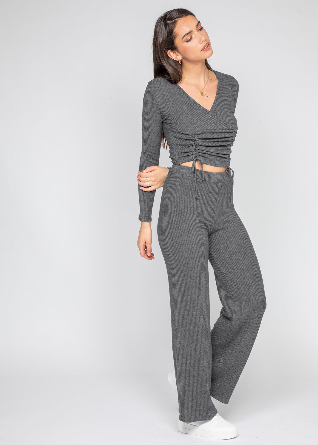 Wrap top with ruched front in grey