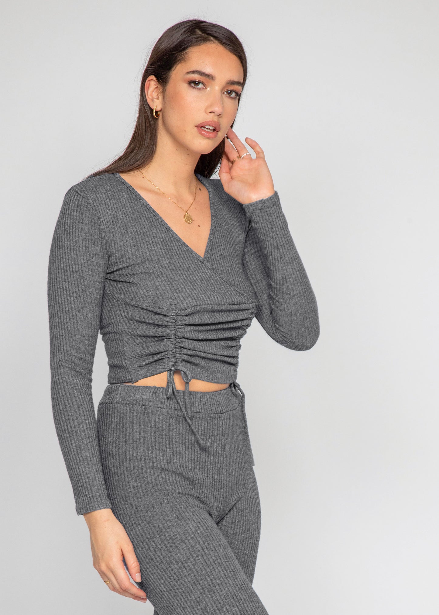Wrap top with ruched front in grey