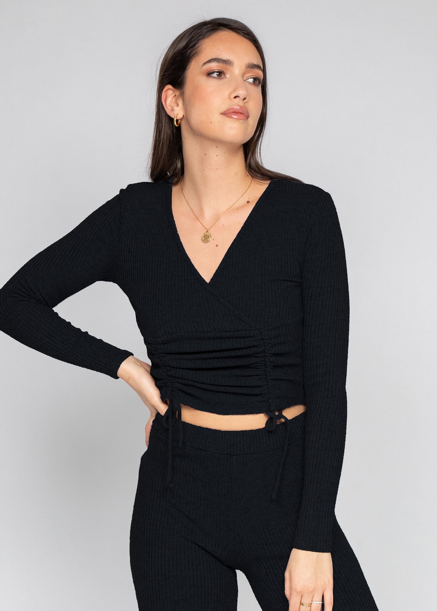 Wrap top with ruched front in black