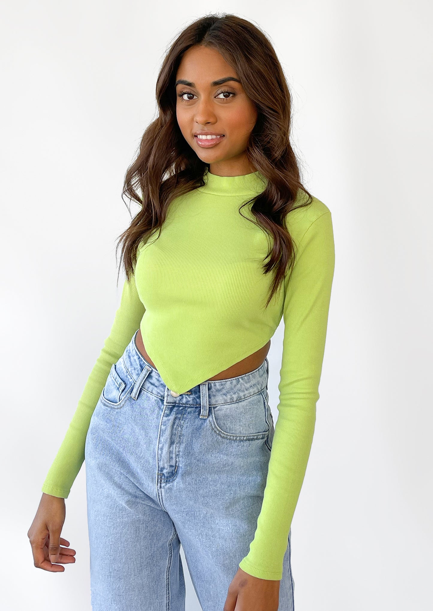 Open back long sleeve top with scarf hem in green