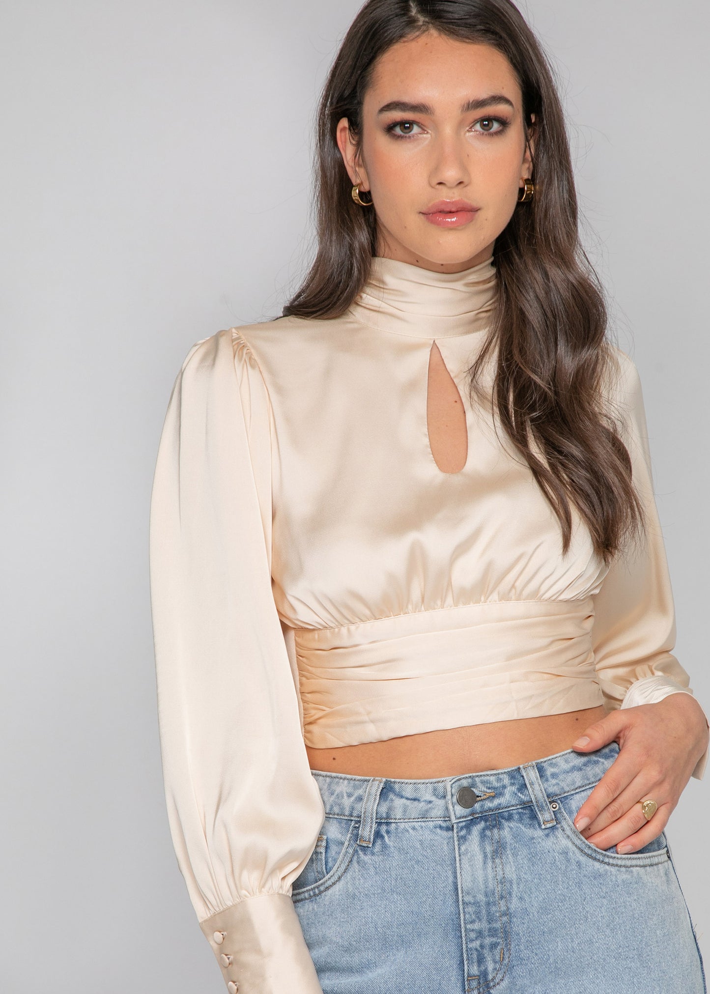 Satin backless high neck top in beige