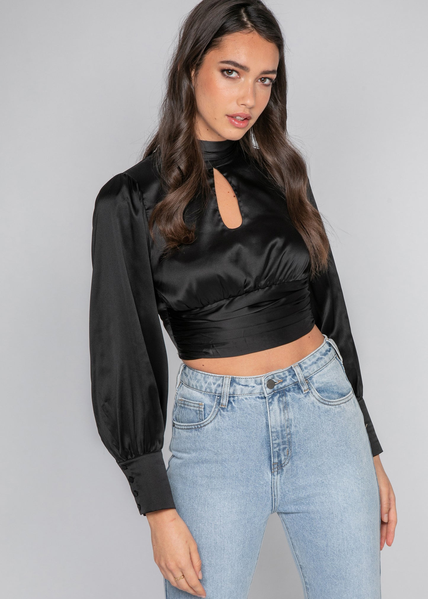 Satin backless high neck top in black
