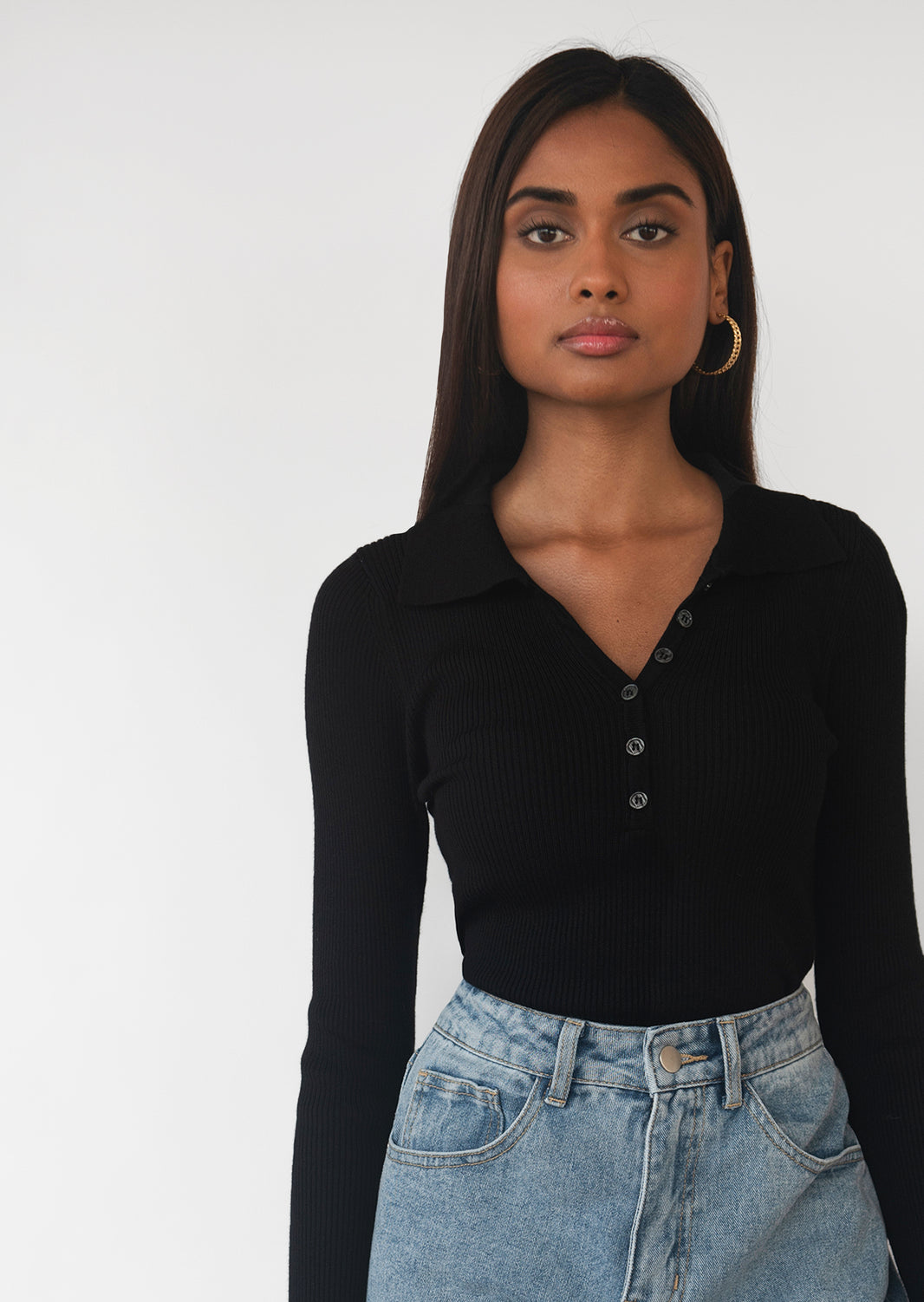 Knitted button up top with collar in black