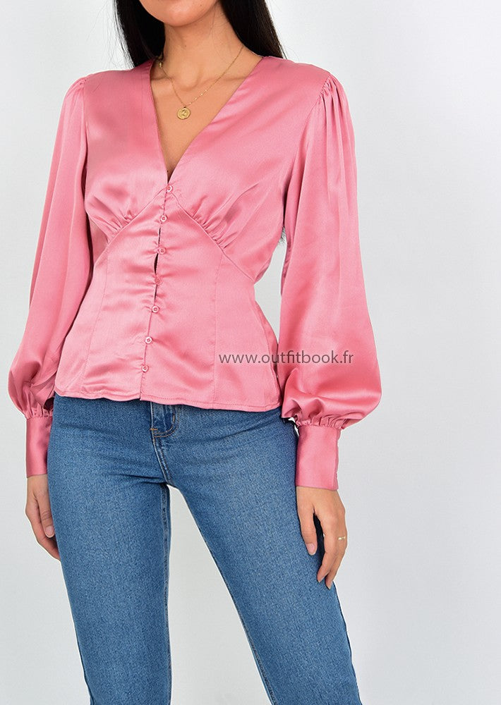 Pink satin top with buttons