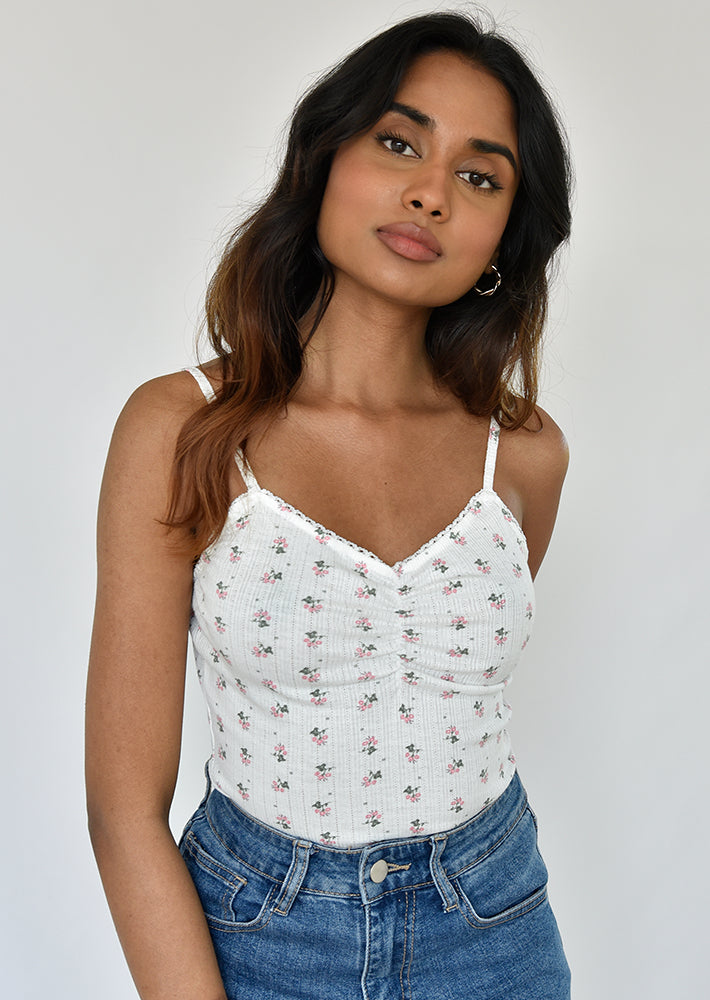 Floral gathered top with spaghetti straps