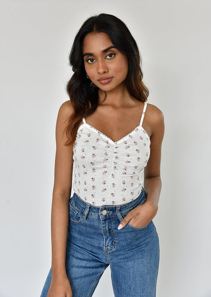 Floral gathered top with spaghetti straps