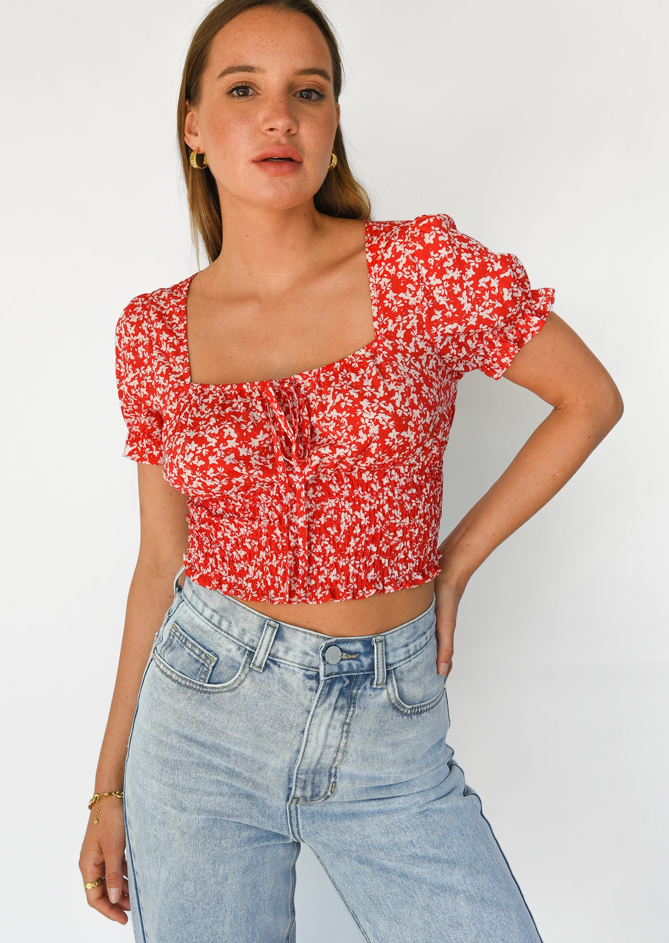 Floral square neck top in red