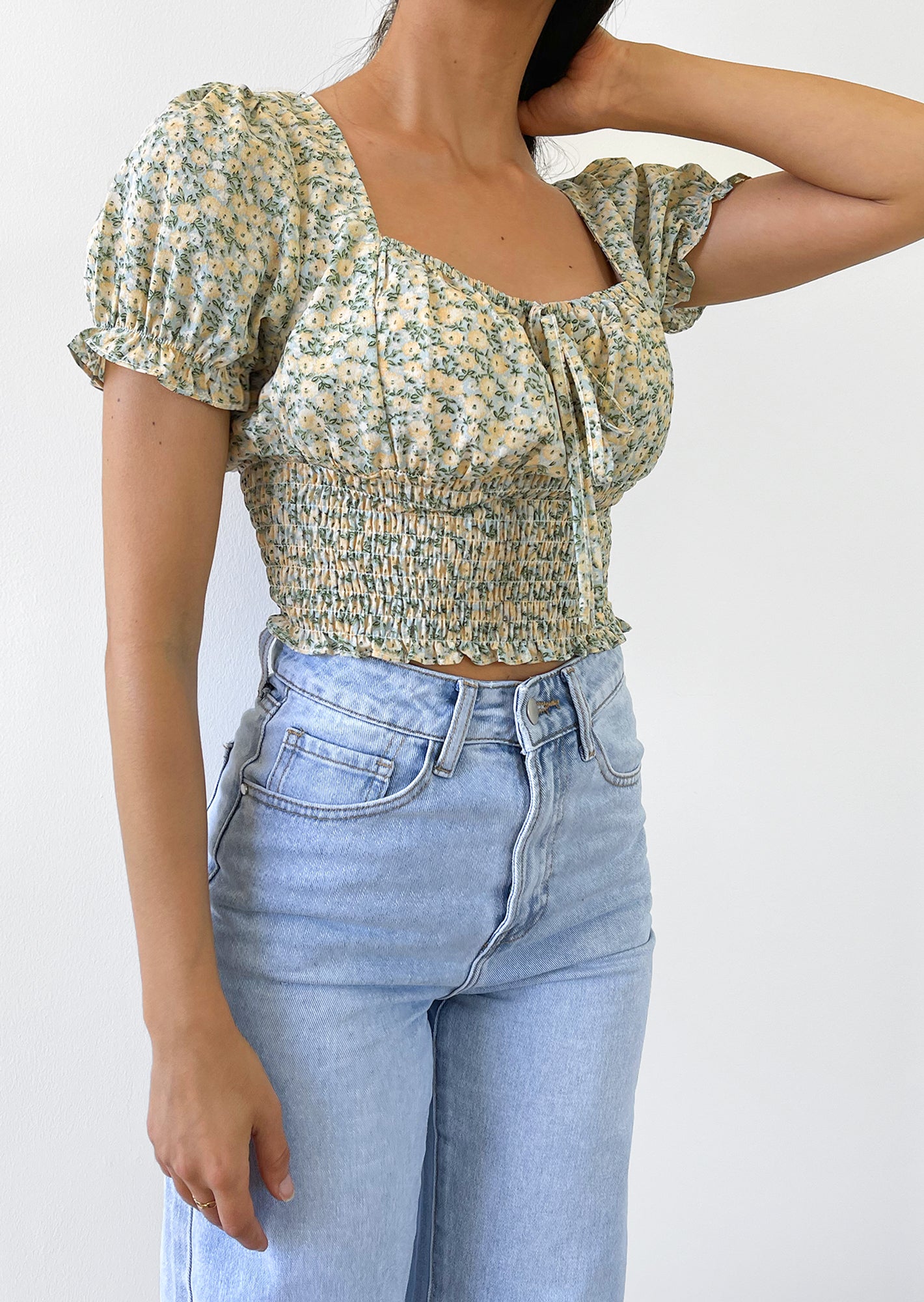 Floral square neck top in green