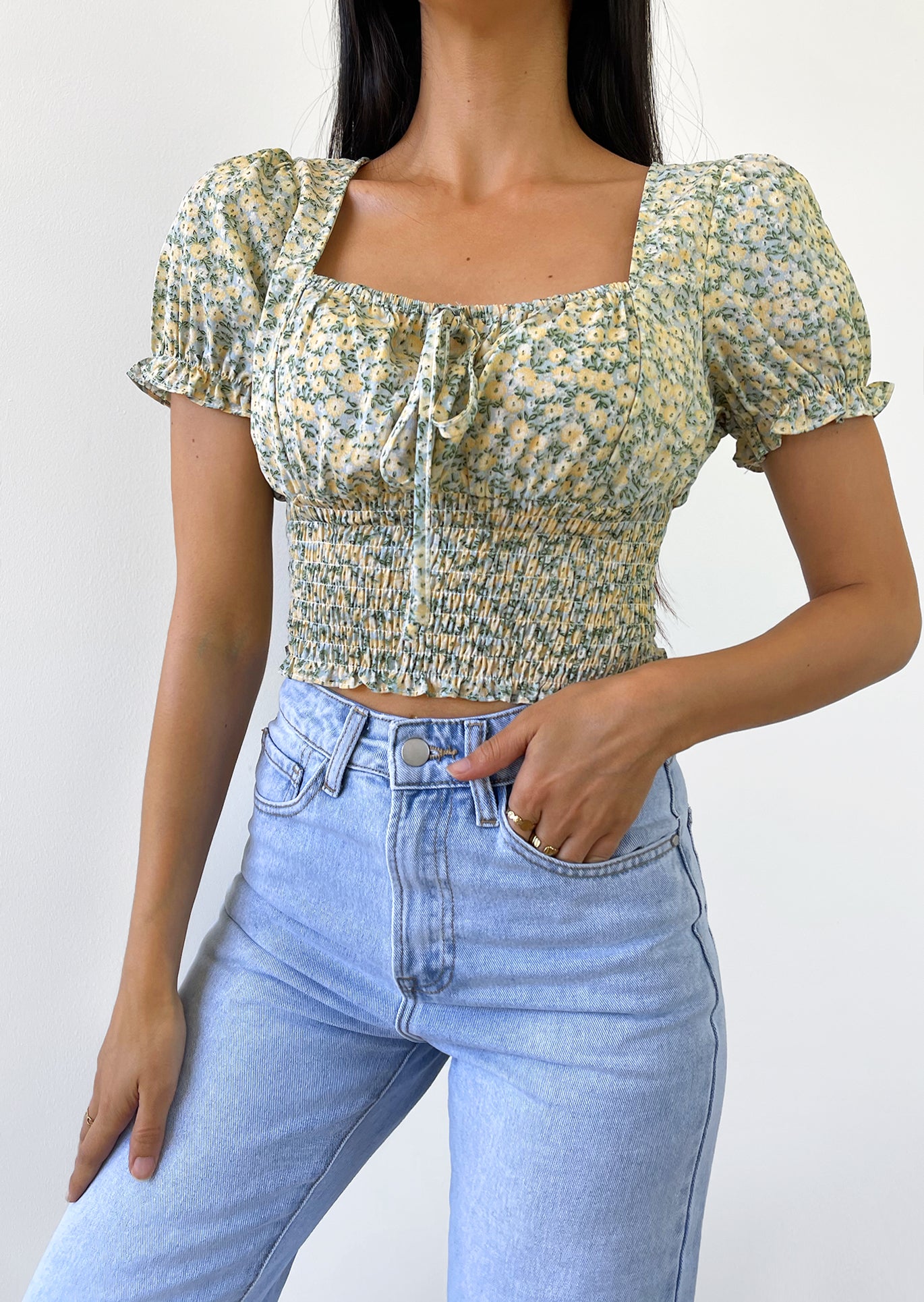 Floral square neck top in green