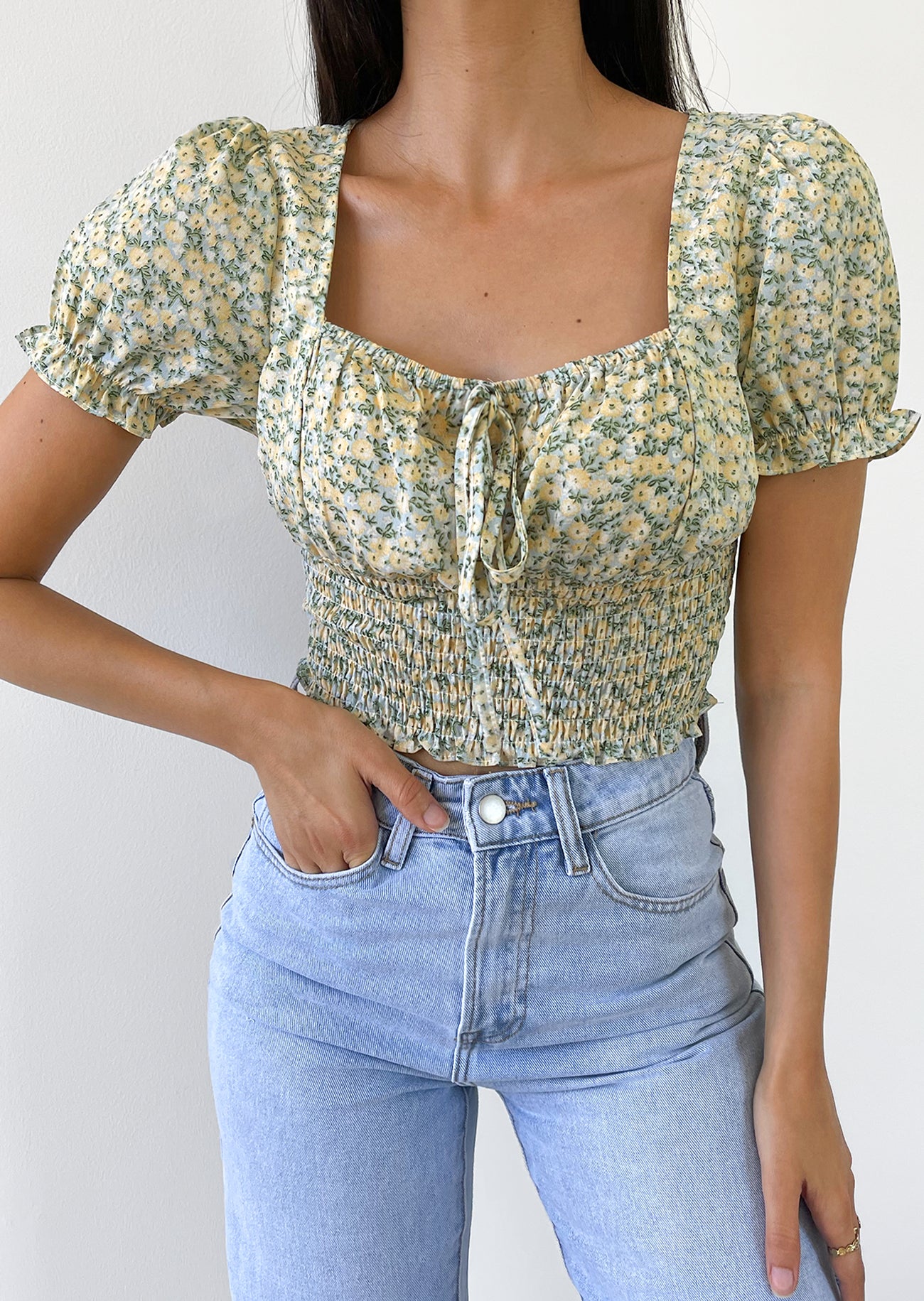 Floral square neck top in green