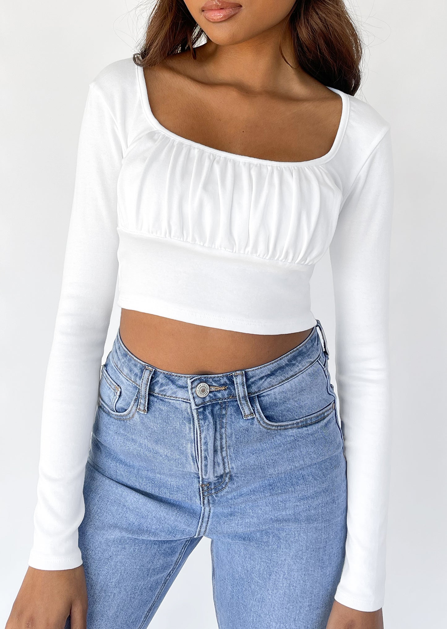 Ruched long sleeve top in white