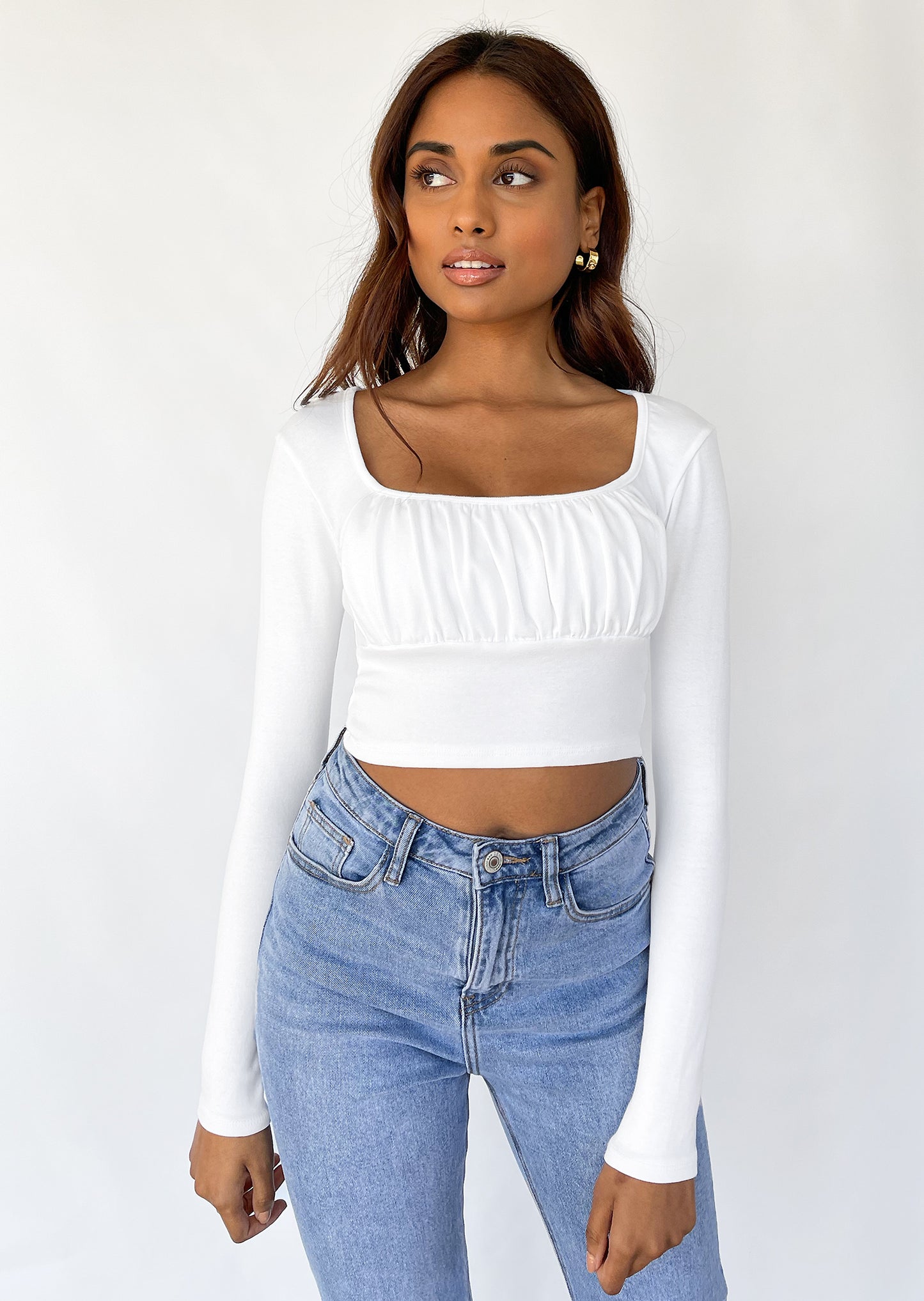 Ruched long sleeve top in white