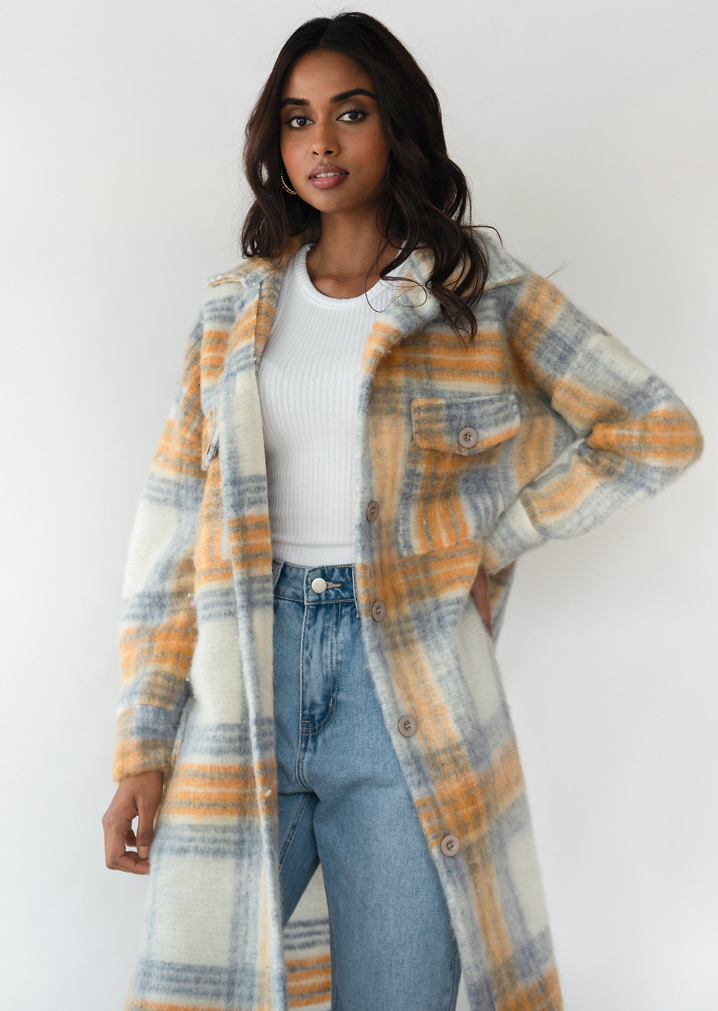 Long checked jacket in blue and orange