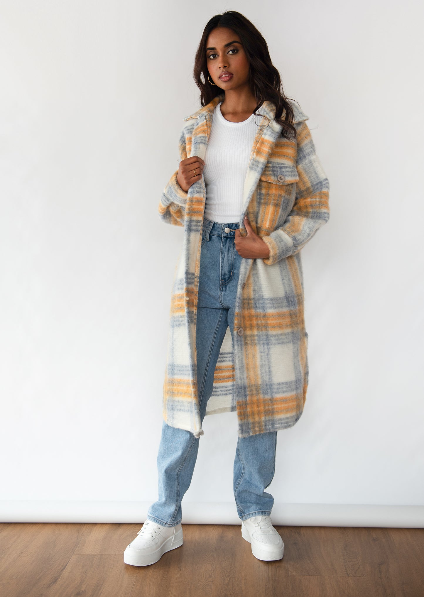 Long checked jacket in blue and orange