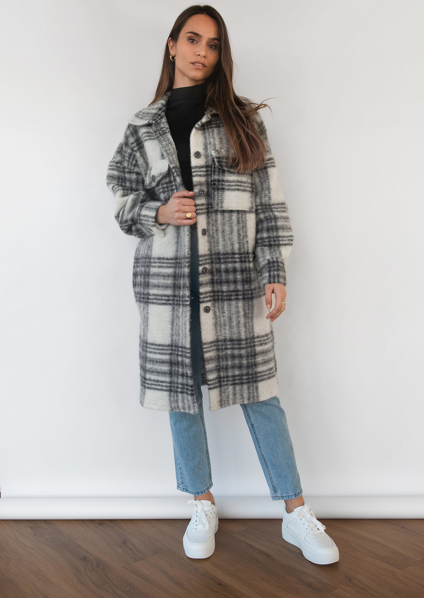 Long checked jacket in black