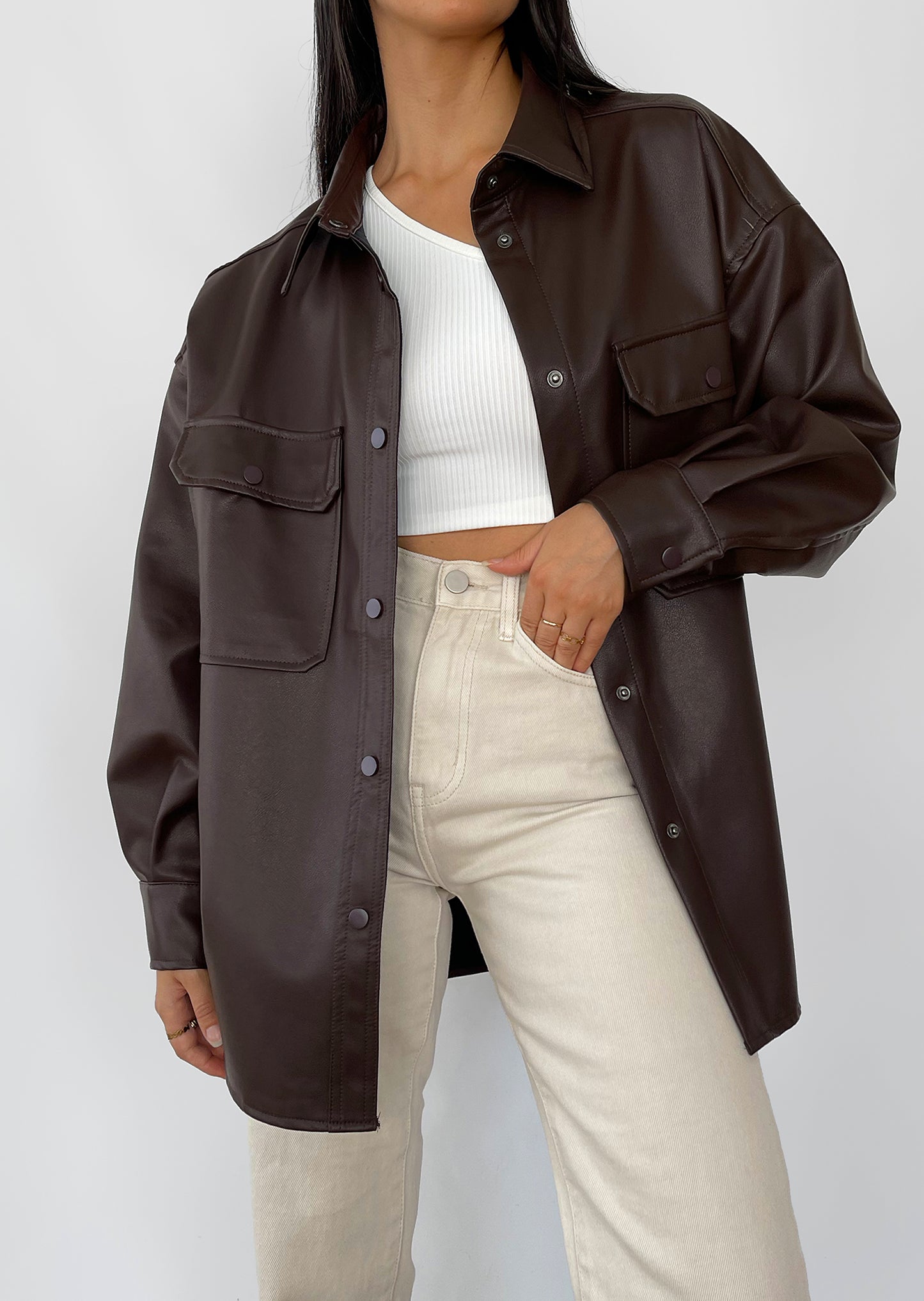 Oversized faux leather jacket in brown
